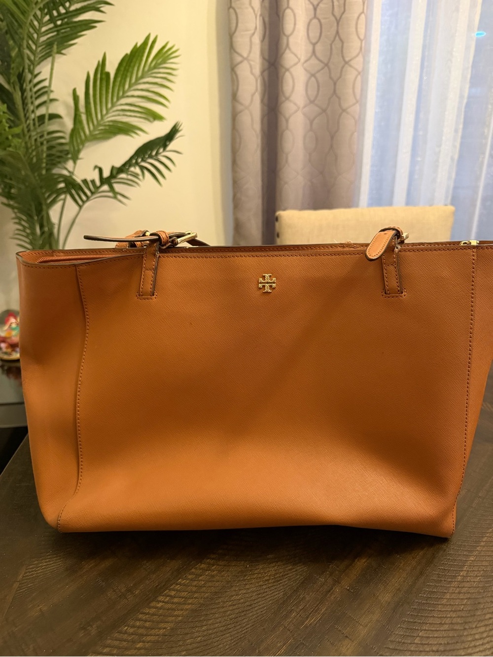 Tory Burch Tan Saffiano Leather Tote with Gold Logo
